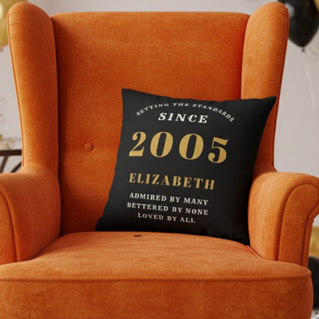 21st Birthday Gift Personalized 2005 Black Gold Cushion (2005 throw pillow in an orange chair)