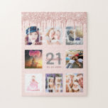21st birthday glitter drips photo rose gold pink jigsaw puzzle<br><div class="desc">A glamourous and unique 21st birthday gift or keepsake, celebrating her life with a collage of 8 of your photos. Personalise and add a name, age 21 and a date. Grey and dark rose gold coloured letters. Elegant and trendy blush pink background colour. Decorated with rose gold coloured faux glitter...</div>
