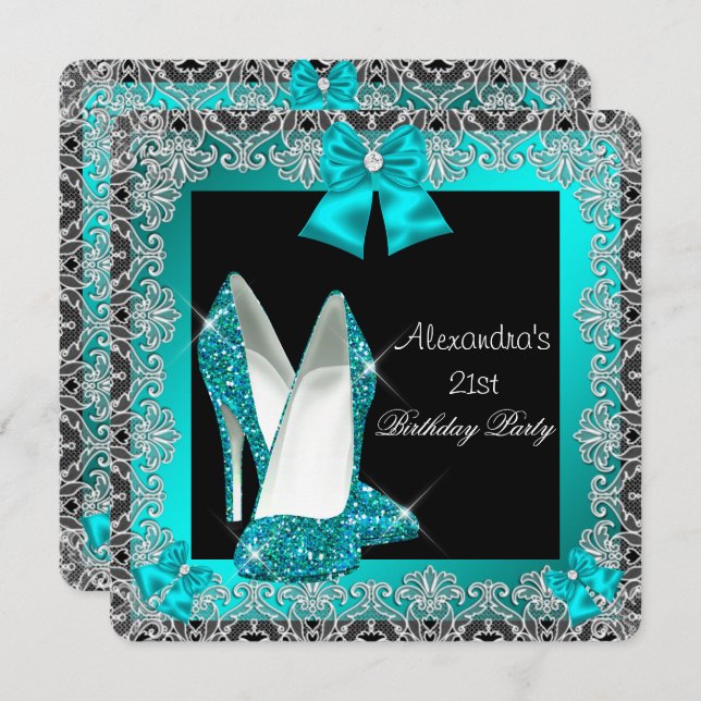 21st Birthday Glitter Teal Blue High Heel Shoe 2 Invitation (Front/Back)