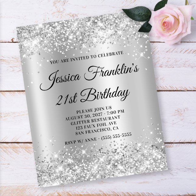 21st Birthday Glittery Silver Shimmer Ombre Invite Flyer (Creator Uploaded)
