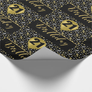 21st Birthday Gold Balloon on Black with Confetti Wrapping Paper