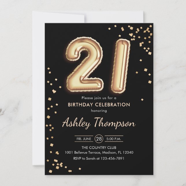 21st Birthday - Gold Balloons Black Invitation (Front)