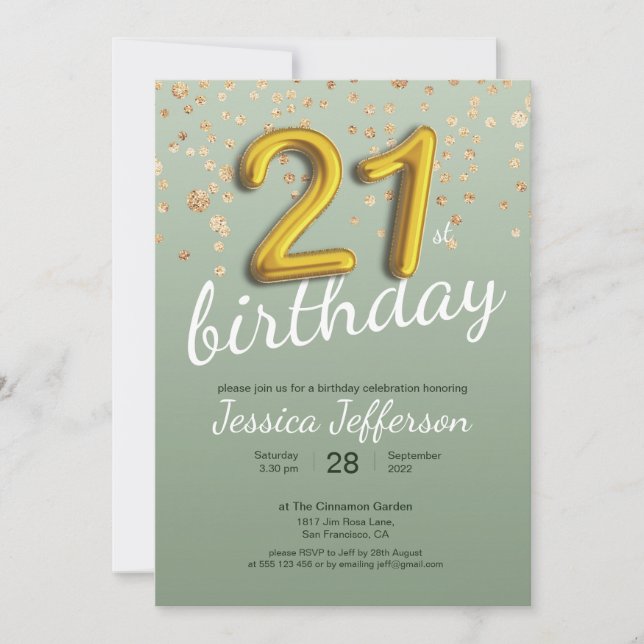 21st Birthday Gold Confetti Foil Balloon Green Invitation (Front)