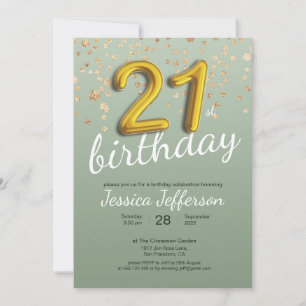 21st Birthday Gold Confetti Foil Balloon Green Invitation