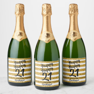 21st Birthday Gold Faux Glitter Stripes Custom Sparkling Wine Label