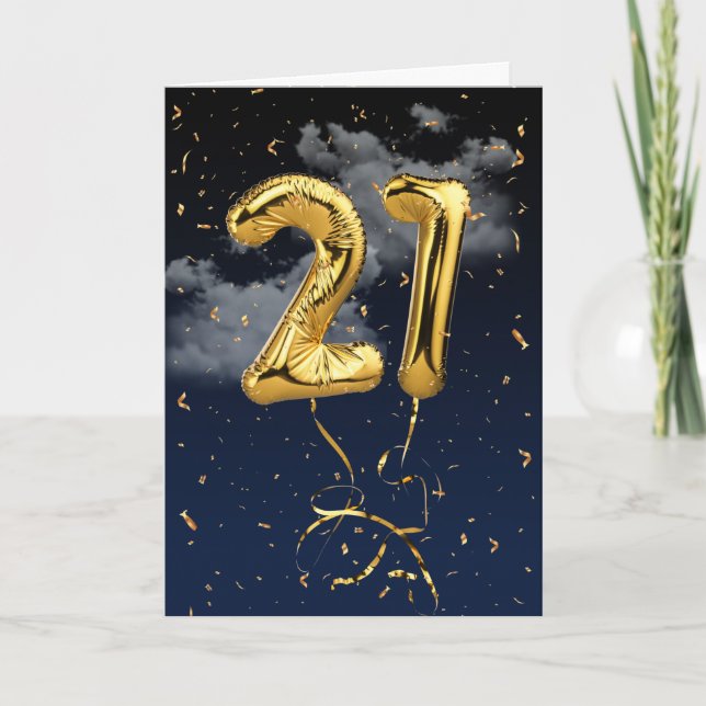 21st Birthday Gold Mylar Balloon and Confetti Card (Front)