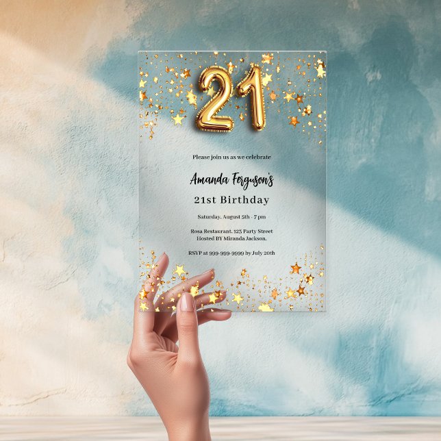 21st birthday gold stars clear acrylic invitations (Creator Uploaded)