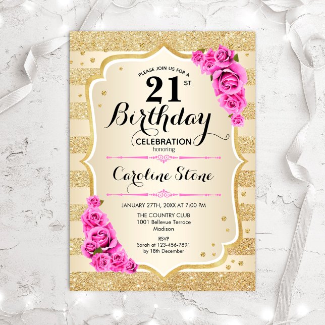 21st Birthday - Gold Stripes Pink Roses Invitation (Creator Uploaded)