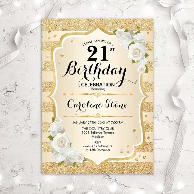 21st Birthday - Gold Stripes White Roses Invitation (Creator Uploaded)