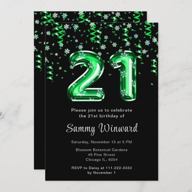 21st Birthday Green Balloons Snowflake Confetti Invitation (Front/Back)