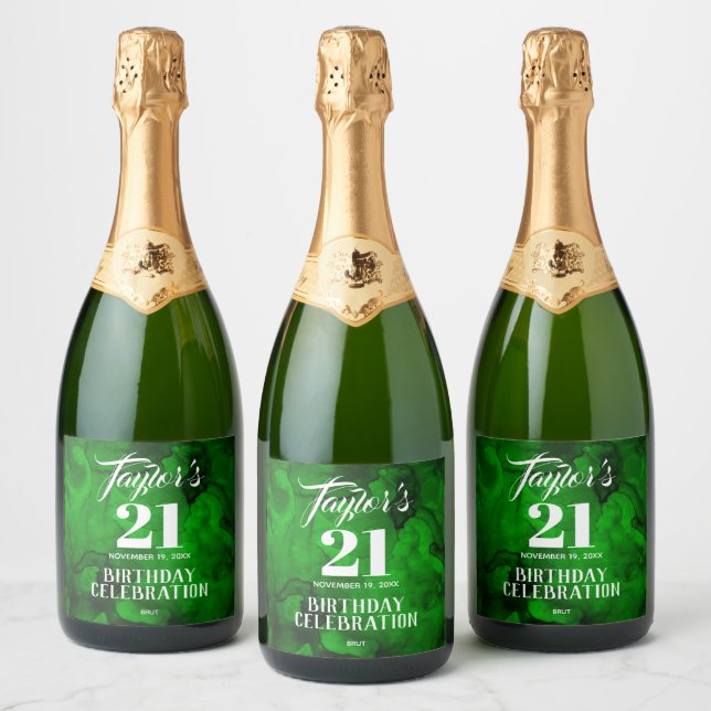 21st Birthday Green to Black Watercolor Sparkling  Wine Label (Bottles)