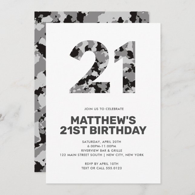 21ST Birthday, Grey Camo Personalised Invitation (Front/Back)