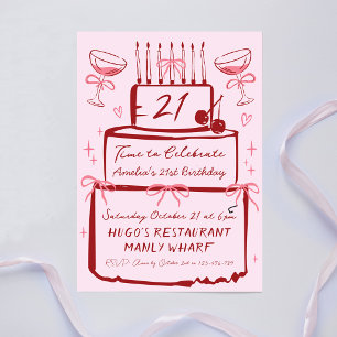 21st Birthday Hand drawn Pink Contemporary Cake Invitation