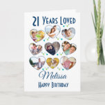 21st Birthday Heart Photo Collage Card<br><div class="desc">A fabulous heart custom photo birthday card. This great design is suitable for any age. Fill out the 9 hearts with photos of either the birthday person - or picture of everyone who loves them. A simple and modern design they are sure to love.</div>