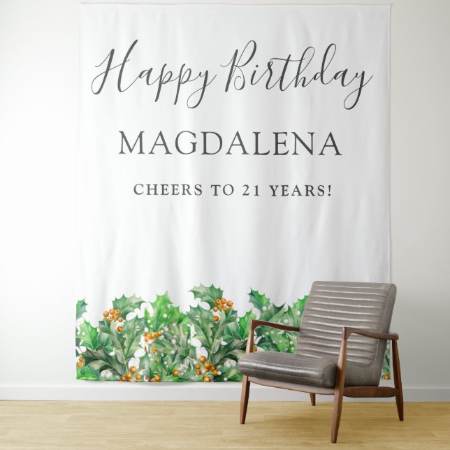21st Birthday Holly December Birth Flower Backdrop Tapestry (In Situ)