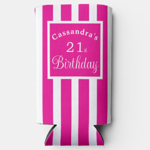 21st Birthday Hot Pink and White Stripe Classy Seltzer Can Cooler