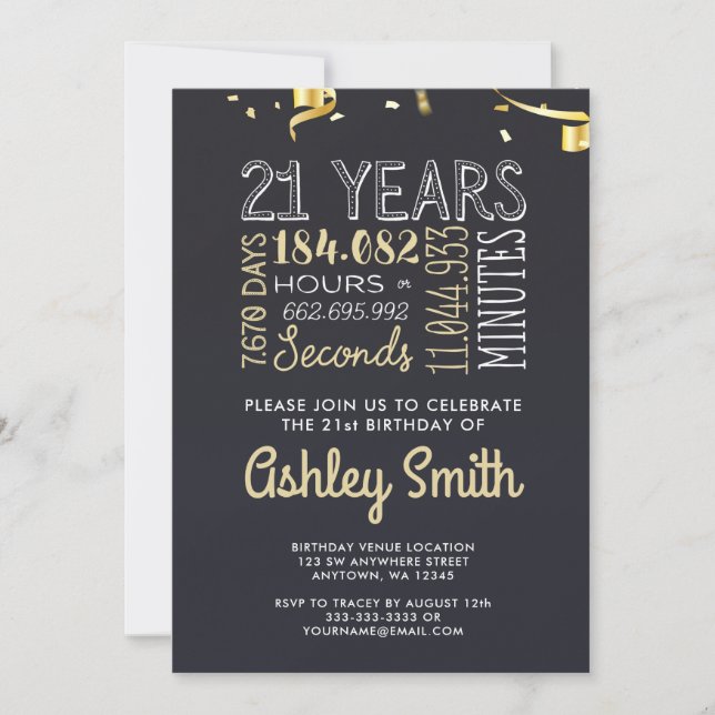 21st Birthday Invitation - 21 Years Hours Seconds (Front)