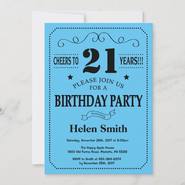 21st Birthday Invitation Black and Blue (Front)