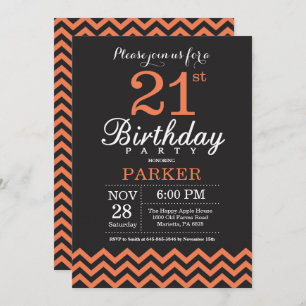 21st Birthday Invitation Black and Coral Chevron
