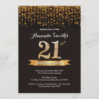 21st Birthday Invitation Black and Gold Glitter