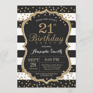 21st Birthday Invitation. Black and Gold Glitter Invitation