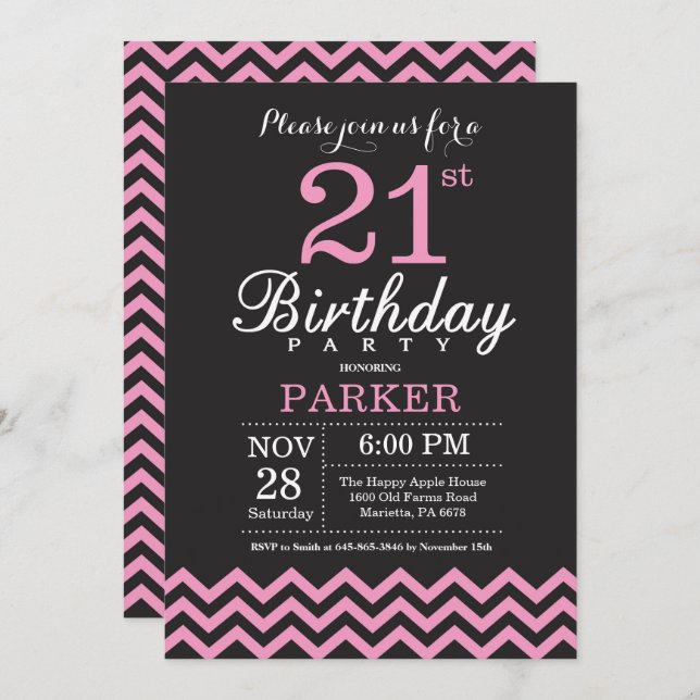21st Birthday Invitation Black and Pink Chevron (Front/Back)