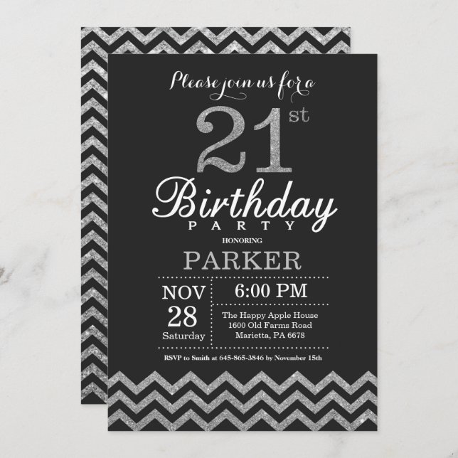 21st Birthday Invitation Black and Silver Glitter (Front/Back)