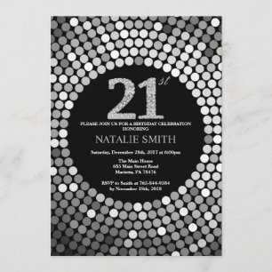 21st Birthday Invitation Black and Silver Glitter