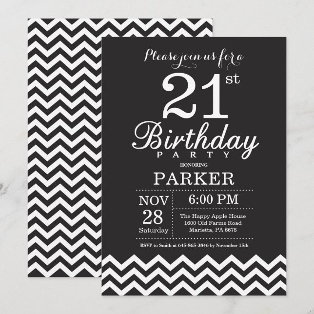 21st Birthday Invitation Black and White Chevron (Front/Back)