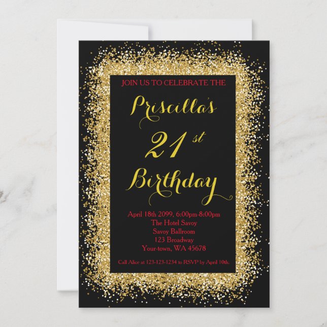 21st Birthday invitation, black, confetti, gold Invitation (Front)