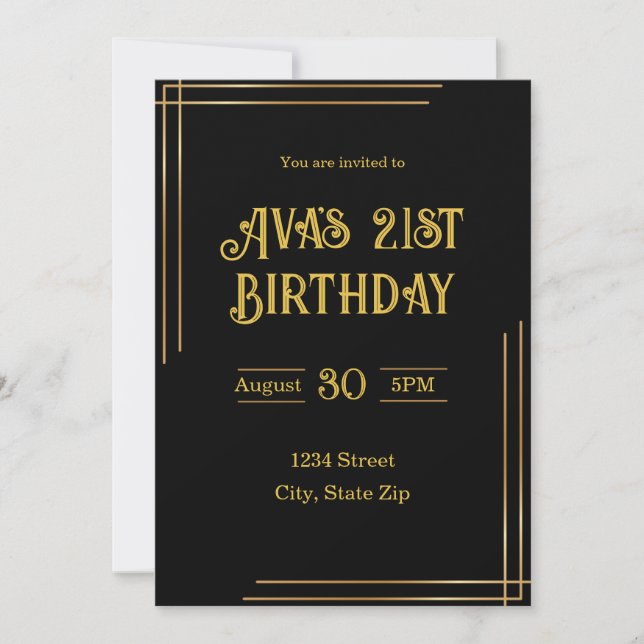 21st Birthday Invitation – Black & Gold | Elegant (Front)