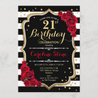 21st Birthday Invitation Black White Stripes Roses