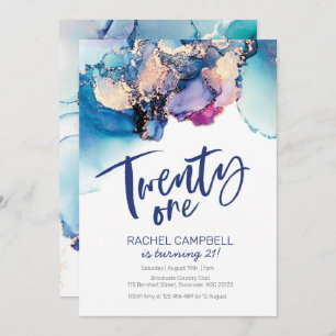 21st Birthday Invitation Blue Abstract Watercolor