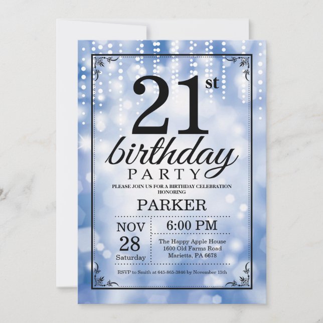 21st Birthday Invitation Blue Glitter (Front)