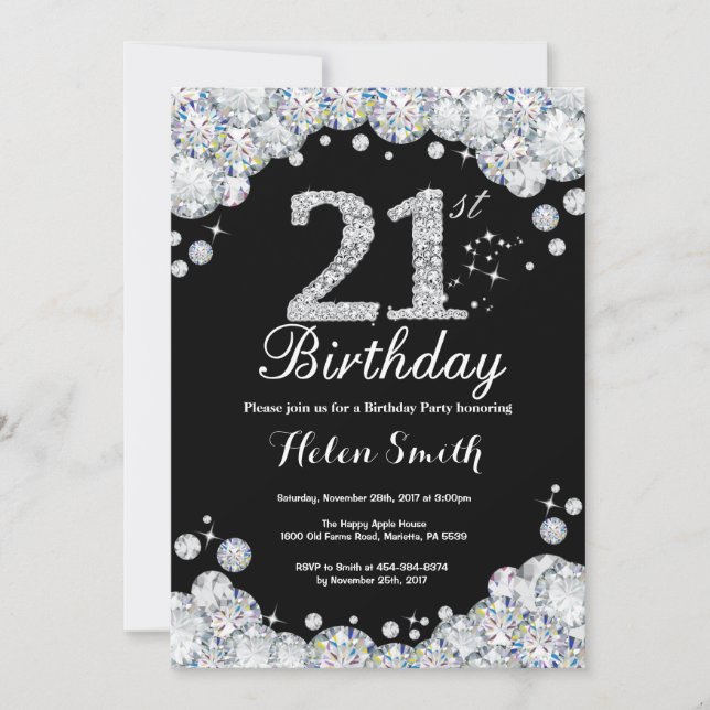 21st Birthday Invitation Chalkboard Silver Diamond (Front)
