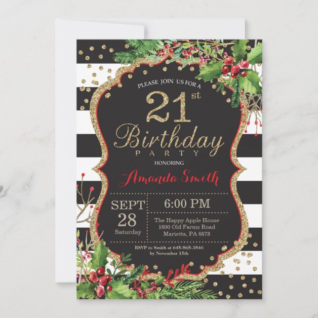21st Birthday Invitation. Christmas Red Black Gold Invitation (Front)