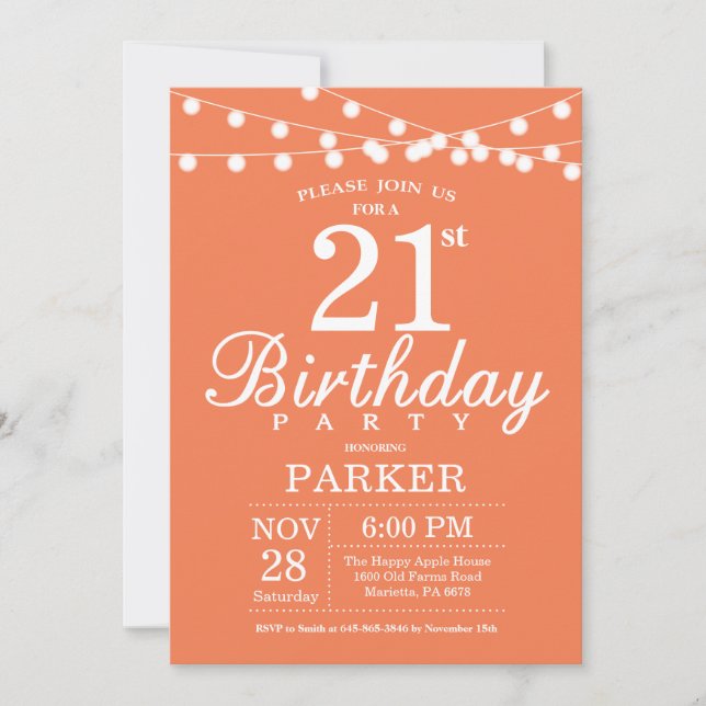 21st Birthday Invitation Coral (Front)