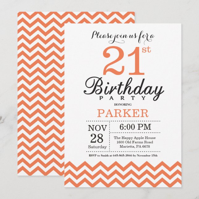 21st Birthday Invitation Coral Chevron (Front/Back)