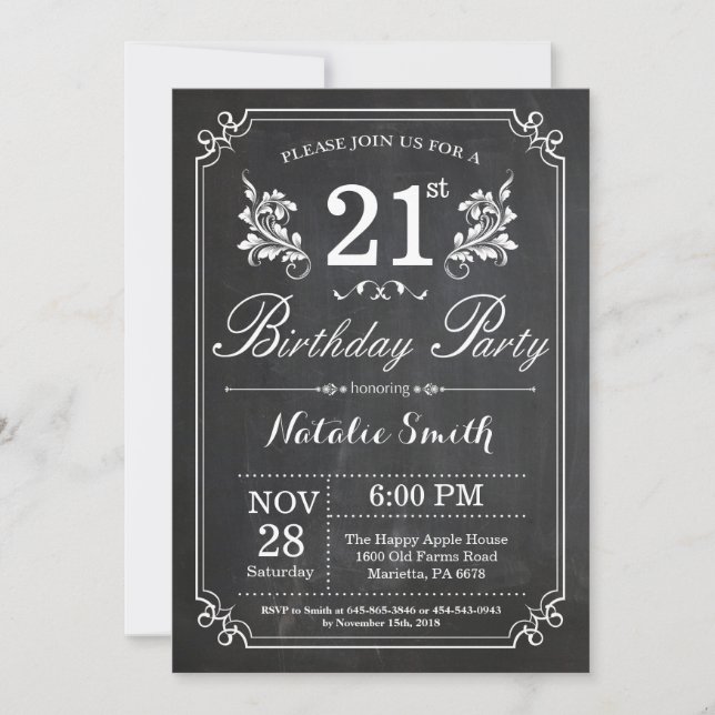 21st Birthday Invitation Floral Chalkboard (Front)