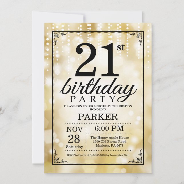 21st Birthday Invitation Gold Glitter (Front)