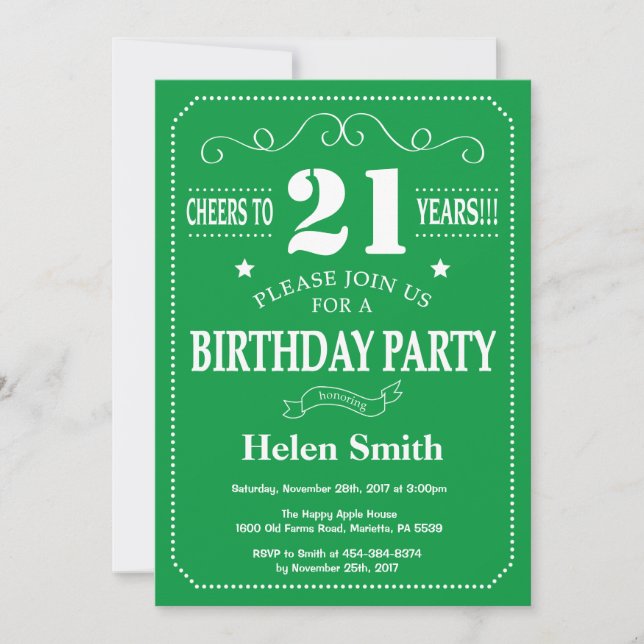 21st Birthday Invitation Green and White (Front)