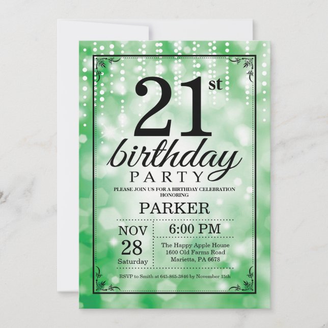 21st Birthday Invitation Green Glitter (Front)