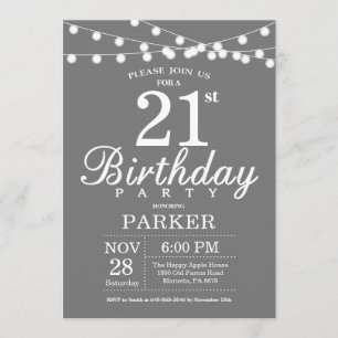 21st Birthday Invitation Grey and White