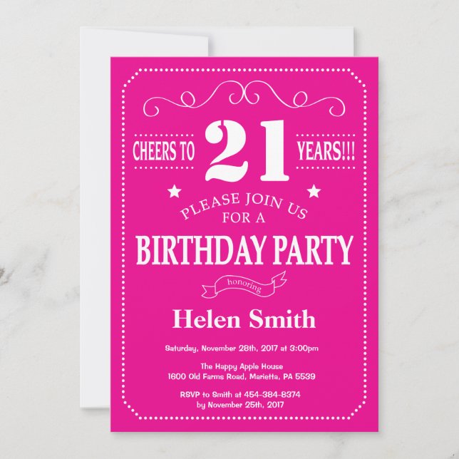 21st Birthday Invitation Hot Pink and White (Front)