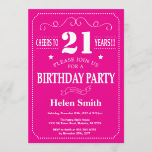 21st Birthday Invitation Hot Pink and White
