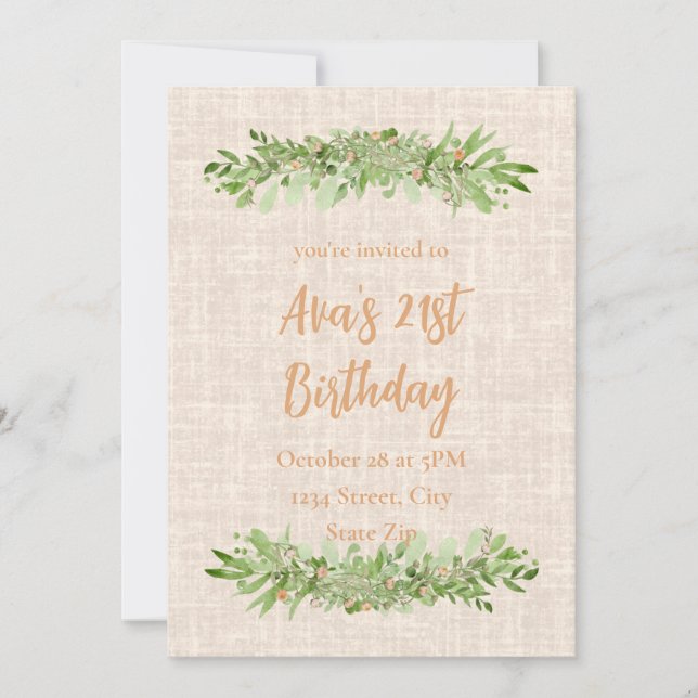 21st Birthday Invitation – Linen Greenery | Twenty (Front)
