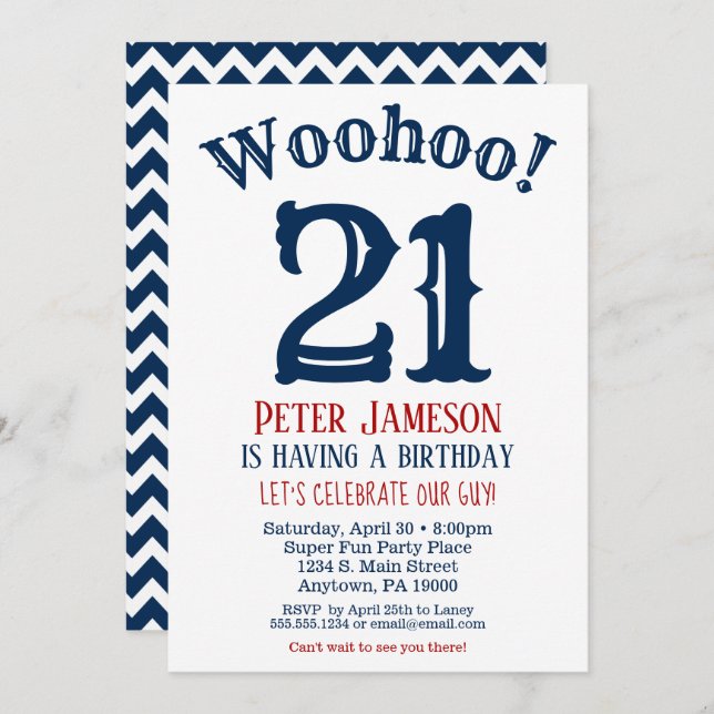 21st Birthday Invitation Mens Navy Blue (Front/Back)