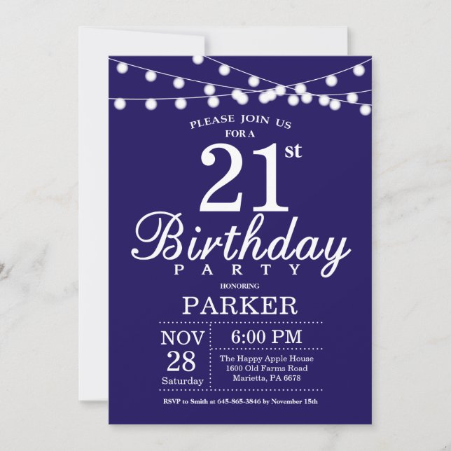21st Birthday Invitation Navy Blue (Front)