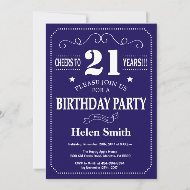 21st Birthday Invitation Navy Blue and White (Front)