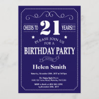 21st Birthday Invitation Navy Blue and White